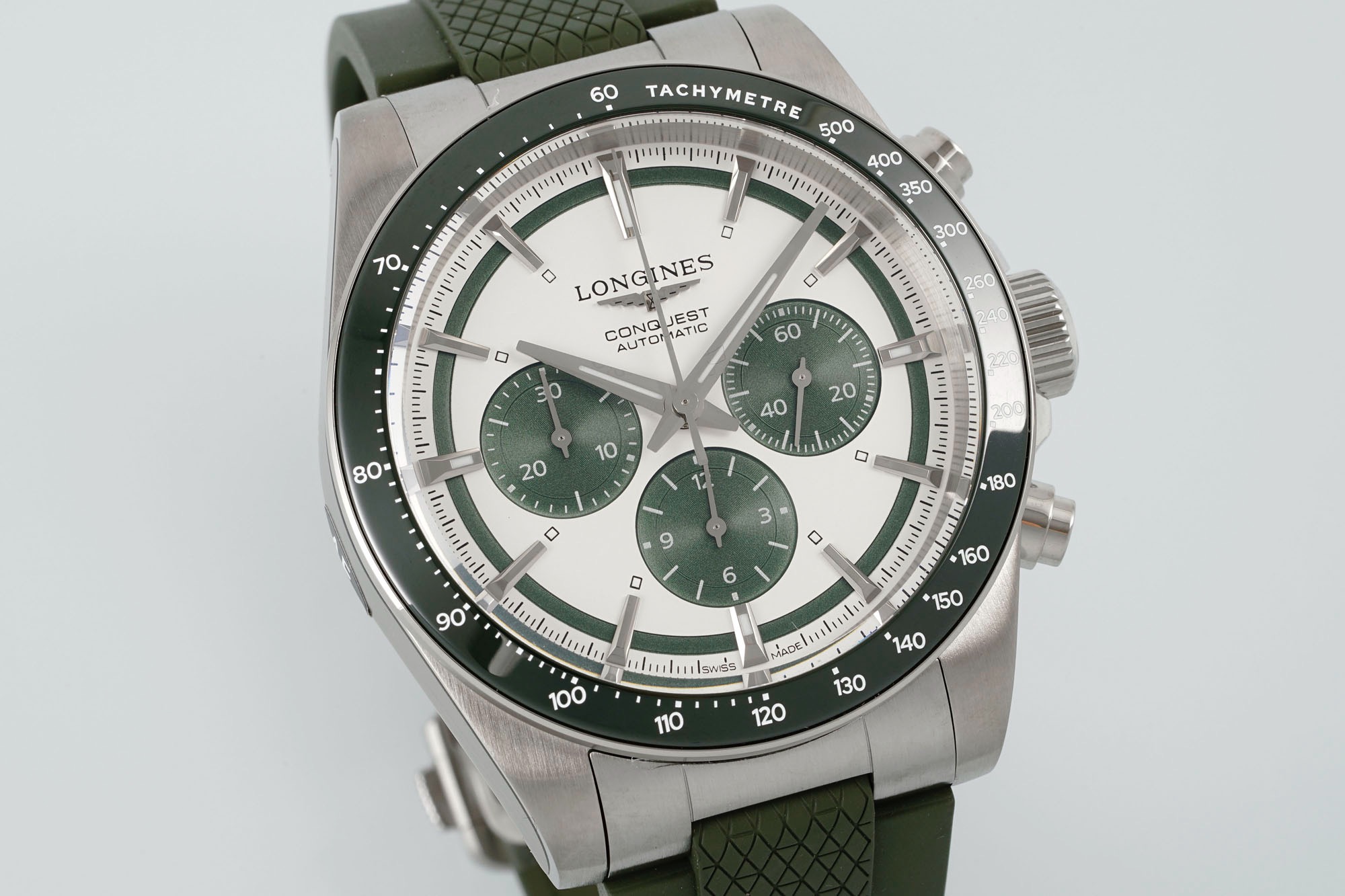 AF厂浪琴表康卡斯计时机械手表 胶带绿陶瓷圈