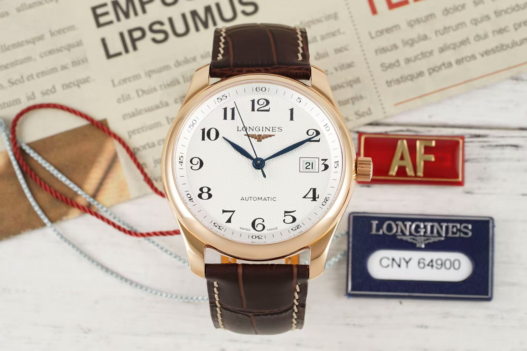 AF厂浪琴名匠机械34mm手表 皮 玫瑰金